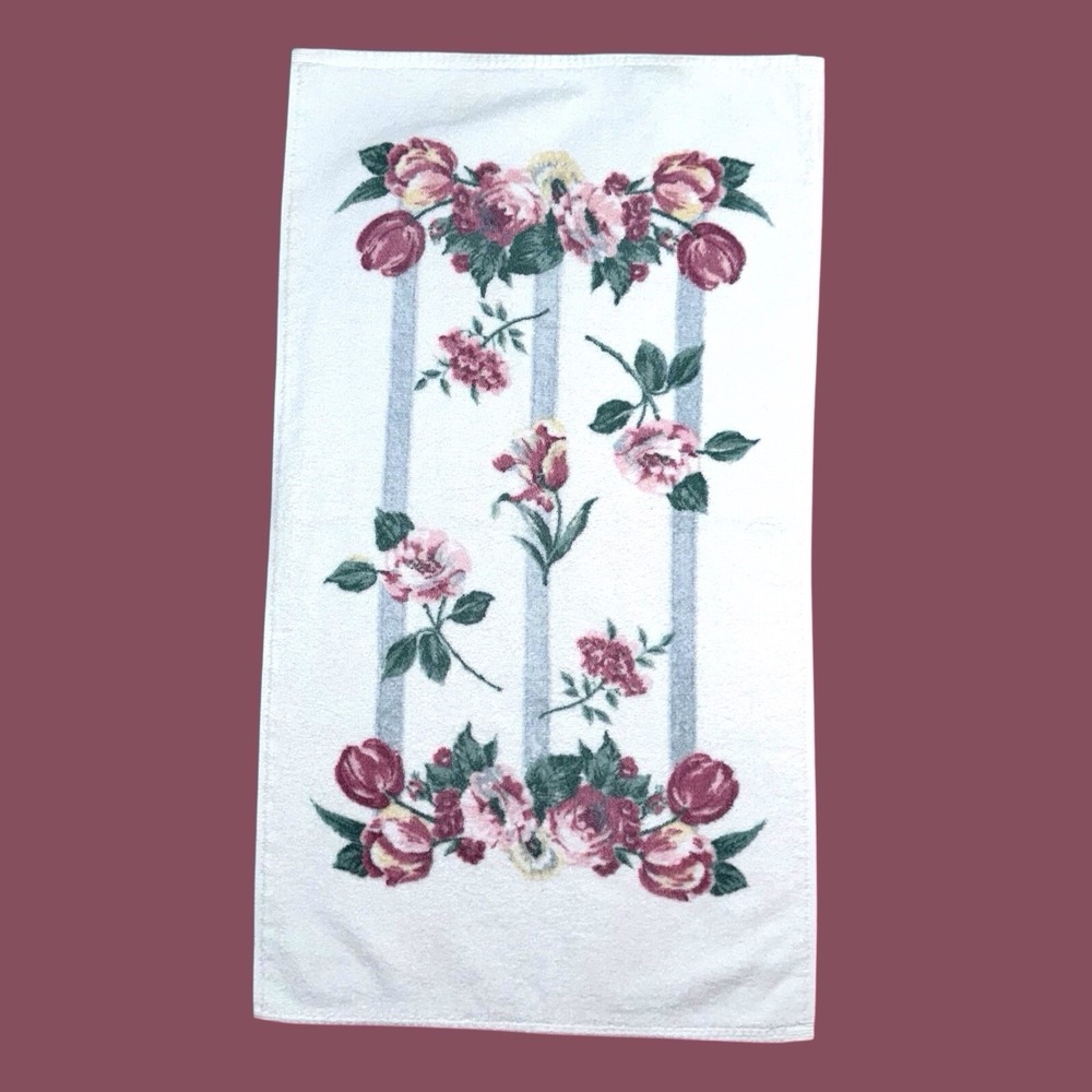 VTG Springmaid Made USA Hand Towel 90s Cottagecore Retro Pink Roses Blue Stripes - Picture 3 of 10
